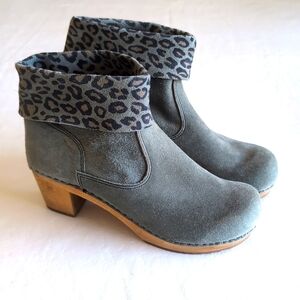 Sanita Sage Green Leather Leopard Fold Over Clog Booties Women's Size 39 or US 8